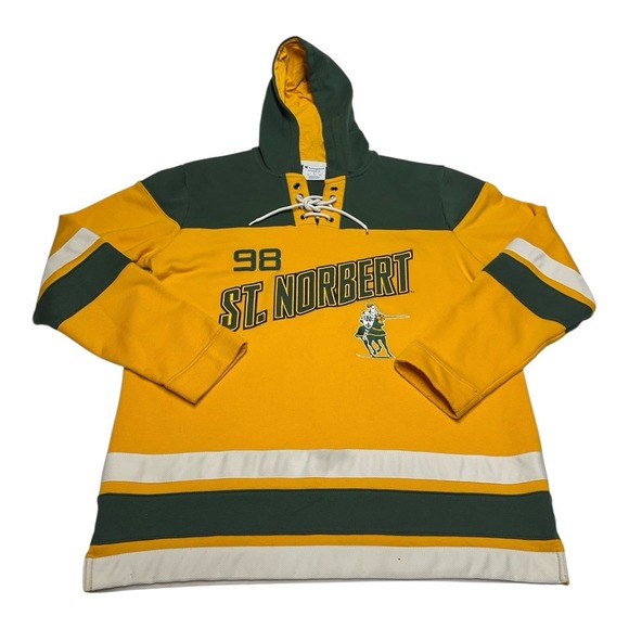 St Norbert College Hoodie Mens Sz L Yellow Sweatshirt Hockey Pullover Champion - Picture 1 of 11